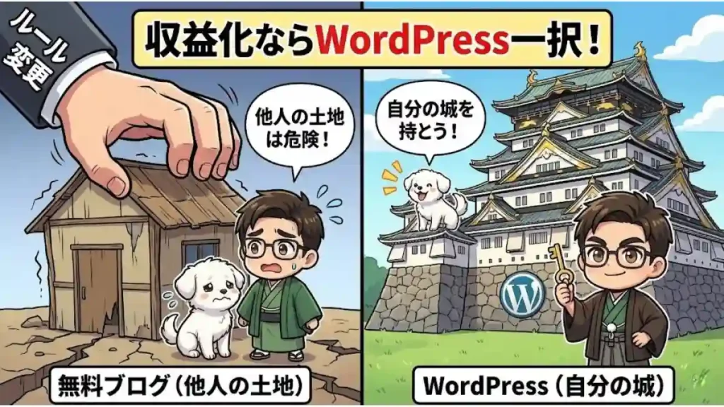 ブログ開設のステップ1「WordPress」を解説するイラスト。ちびキャラのたかが、自分の所有地で立派な城（WordPress）を築いている様子。「無料ブログは他人の土地」という対比として、背景には不安定なプレハブ小屋が描かれている。「自分の城を持つことが最初の覚悟」というメッセージが込められた図解。