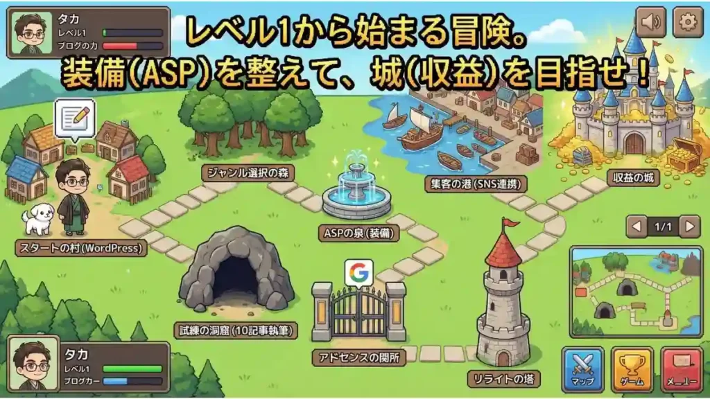 ブログ収益化のロードマップをRPGゲームの地図に見立てたイラスト。「スタートの村（WordPress）」から始まり、「試練の洞窟（10記事執筆）」「ASPの泉（装備）」「アドセンスの関所」などを経て、最終ゴールである財宝に囲まれた「収益の城」を目指す。たかと愛犬めるがレベル1から冒険を始める様子と、「レベル1から始まる冒険。装備（ASP）を整えて、城（収益）を目指せ！」というテキストが描かれている。