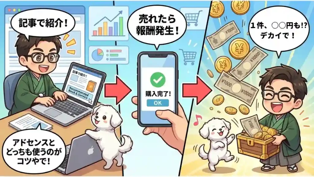 ブログのちびキャラたかと愛犬めるが、ASPアフィリエイトの仕組みを解説する3コマ漫画。左でたかがブログ記事で商品を紹介し、中央で読者がスマホで購入完了すると、右でたかが「1件○○円も！？」と高額報酬を宝箱いっぱいに受け取って喜ぶ様子。「アドセンスとどっちも使うのがコツ」と推奨している。