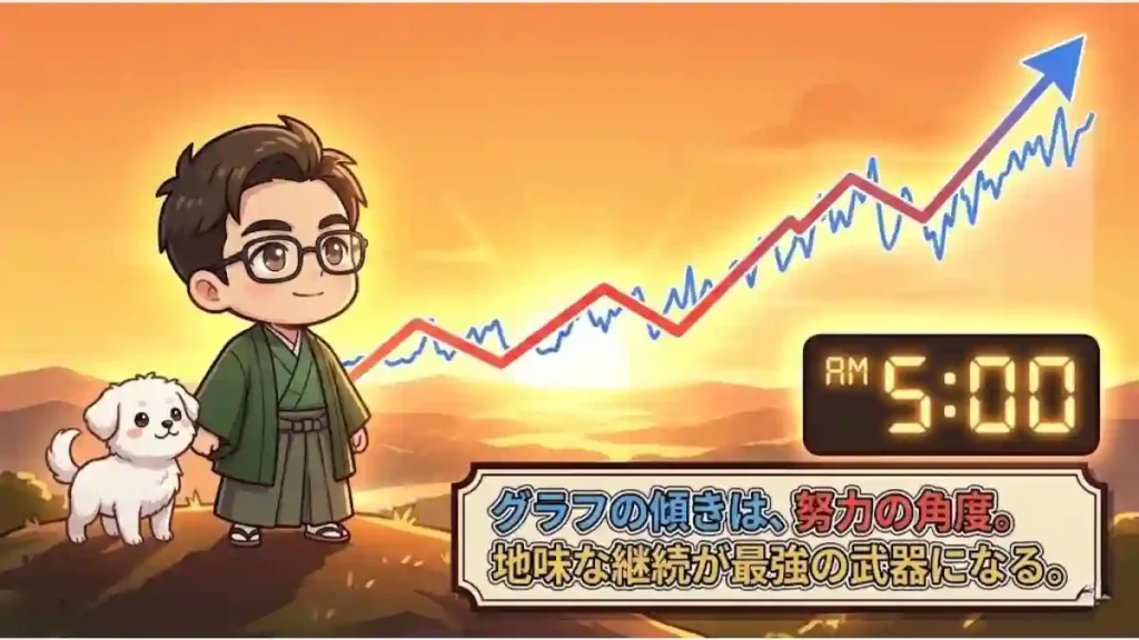 朝焼けとAM5:00を指す時計を背景に、右肩上がりのグラフを見上げるちびキャラのたかと愛犬める。「グラフの傾きは、努力の角度。地味な継続が最強の武器になる」というメッセージが添えられている。毎朝の地道な「朝活」と継続こそが成果に繋がることを表現した、希望に満ちた情緒的なイラスト