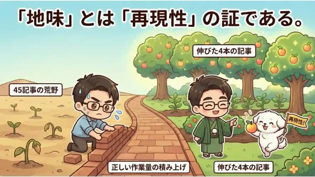 「地味」とは「再現性」の証である。という言葉の下、左側ではちびキャラのたかが「45記事の荒野」で汗をかきながらレンガを積み「正しい作業量の積み上げ」の道を作っています。道は右側の豊かな果樹園に続き、着物姿のたかが「伸びた4本の記事」の果実を指差して笑顔。愛犬のめるも果実を持ち「再現性！」の旗を振って喜んでいます。漫画風の２Dアニメ調イラスト。