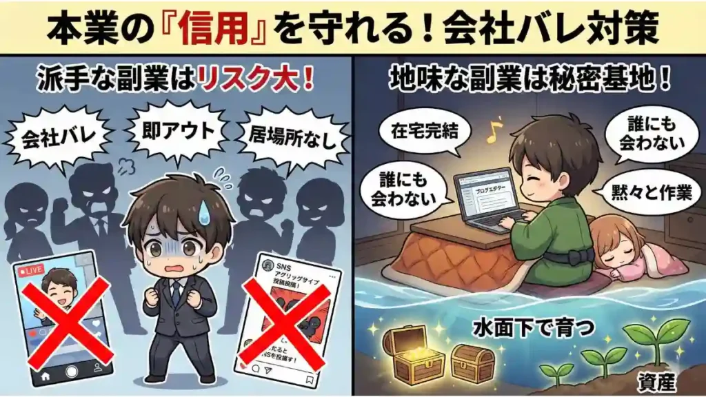 本業の『信用』を守れる！会社バレ対策の比較イラスト。左は「派手な副業はリスク大！」、スーツのたかが会社で怒号を浴びて冷や汗。顔出しライブや過激なSNSは×。右は「地味な副業は秘密基地！」、着物のたかがこたつでPC作業、愛犬も一緒。「在宅完結」「黙々と作業」で、水面下で「資産」が育つ様子。漫画風２Dアニメ調。