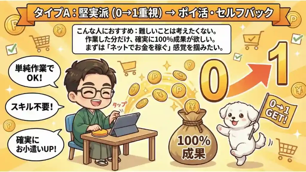 副業タイプA「堅実派（0→1重視）→ポイ活・セルフバック」の解説イラスト。おすすめな人は、難しいことを考えず、作業した分だけ確実に100%成果が欲しい人。着物のたかがタブレットでポイントを稼ぎ、愛犬めるが「0→1 GET!」と応援。「単純作業でOK!」「スキル不要!」で確実にお小遣いUPができることを表現した漫画風2Dアニメ調の図。