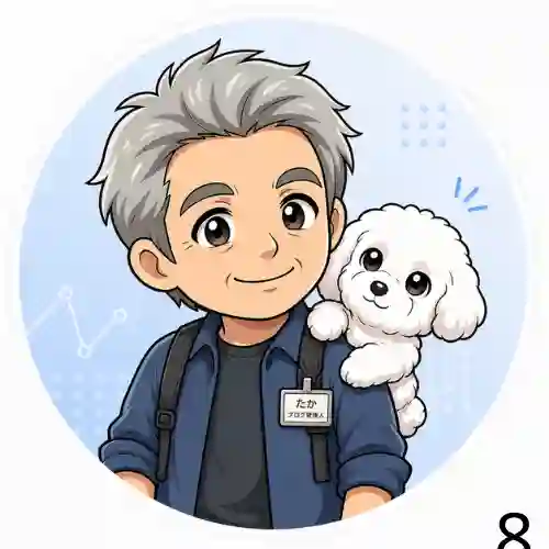 ブログ管理人たかのプロフィールアイコン。肩に愛犬めるを乗せた優しい笑顔の男性キャラを、青い背景の円形デザインで描いたイラスト。