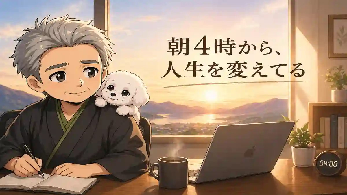 朝焼けの部屋でノートPCとコーヒーを前に作業するたかと肩の愛犬めるのイラスト。「朝4時から、人生を変えてる」の文字入りブログ用アイキャッチ画像。