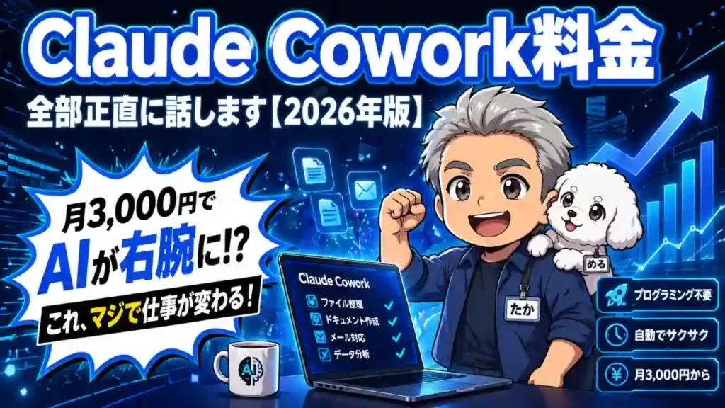 Claude Cowork料金を解説する高コントラストのテック系サムネ。ガッツポーズの男性ちびキャラと犬、青いデジタル背景、月3000円でAI活用を強調した日本語テキスト入り。