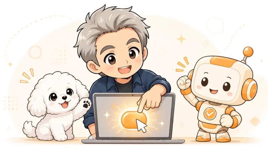 たかがノートパソコンの光るボタンを押し、めるとAIロボットが応援する2Dアニメ調イラスト