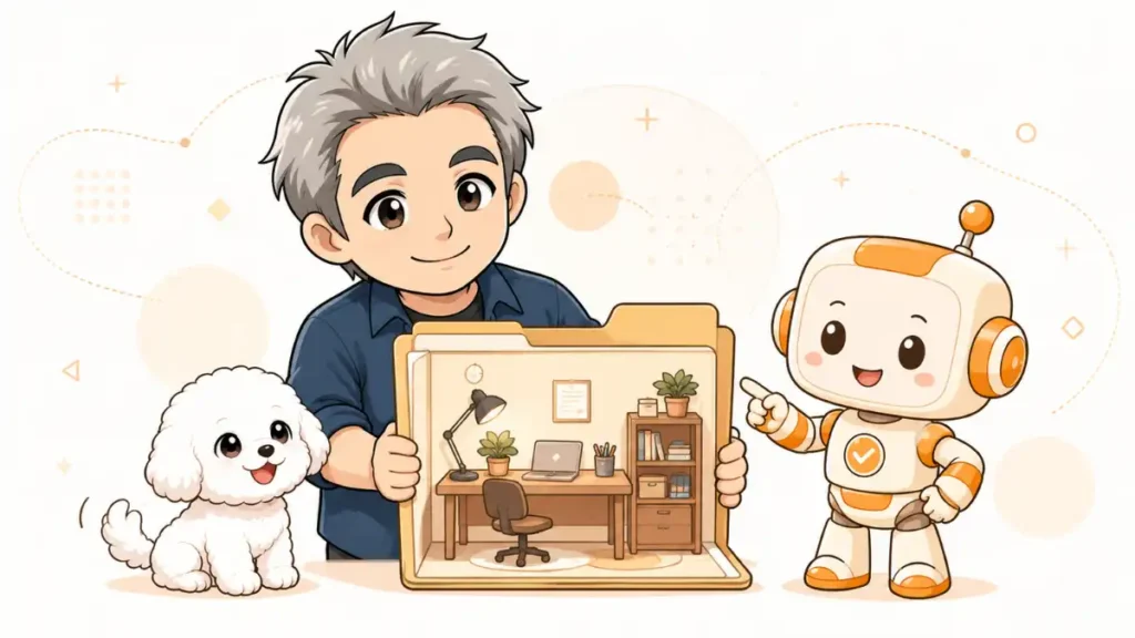たかと白いマルプーのめる、AIロボットが大きなフォルダ型の作業部屋を紹介する2Dアニメ調イラスト
