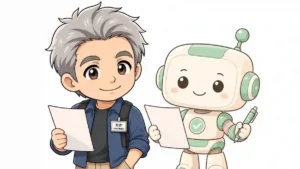 たか(ブログ管理人)とAIロボのコワークンが並んで書類を持ち、笑顔で協力して作業しているちびキャライラスト