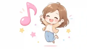 ClaudeCoworkの読み方がわかり、音符と一緒にぴょんと跳ねて喜ぶちびキャラのかわいいイラスト