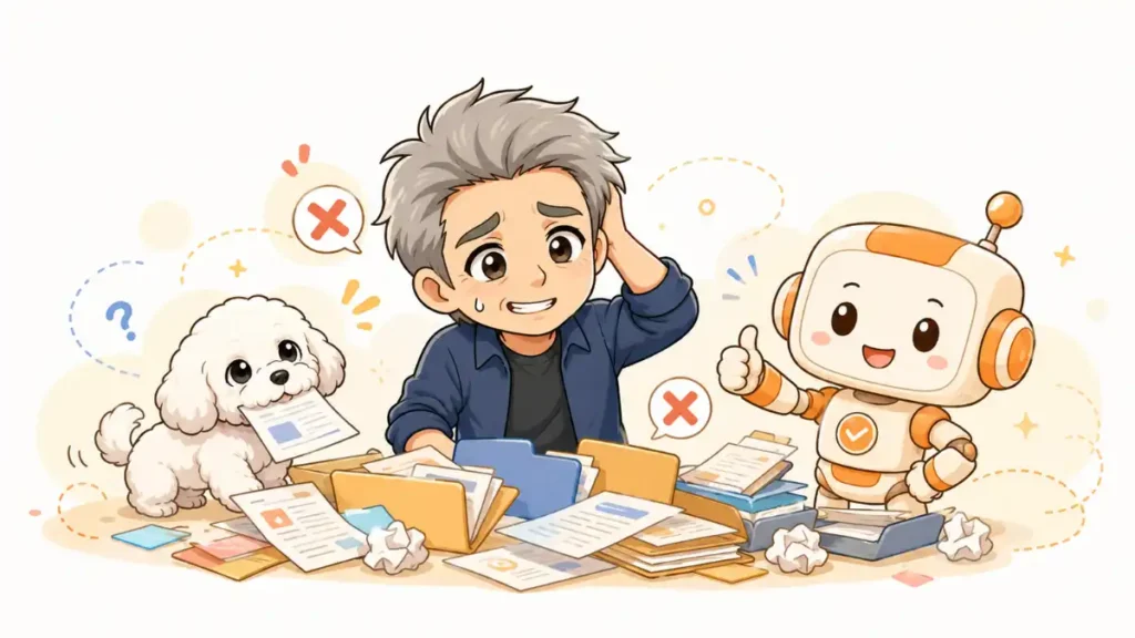 散らかった書類とフォルダの前でたかが苦笑いし、めるが書類をくわえ、AIロボットが親指を立てて励ます2Dアニメ調イラスト