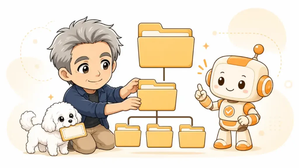 たかとめる、AIロボットが3段階のフォルダ階層を整理している2Dアニメ調イラスト