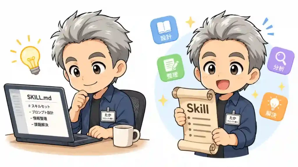日本人会社員風キャラクターがノートPCで「SKILL.md」を見ながら学習し、ちびキャラ姿で「Skill」の巻物を持って喜ぶ、やさしい色合いの2Dアニメ風イラスト