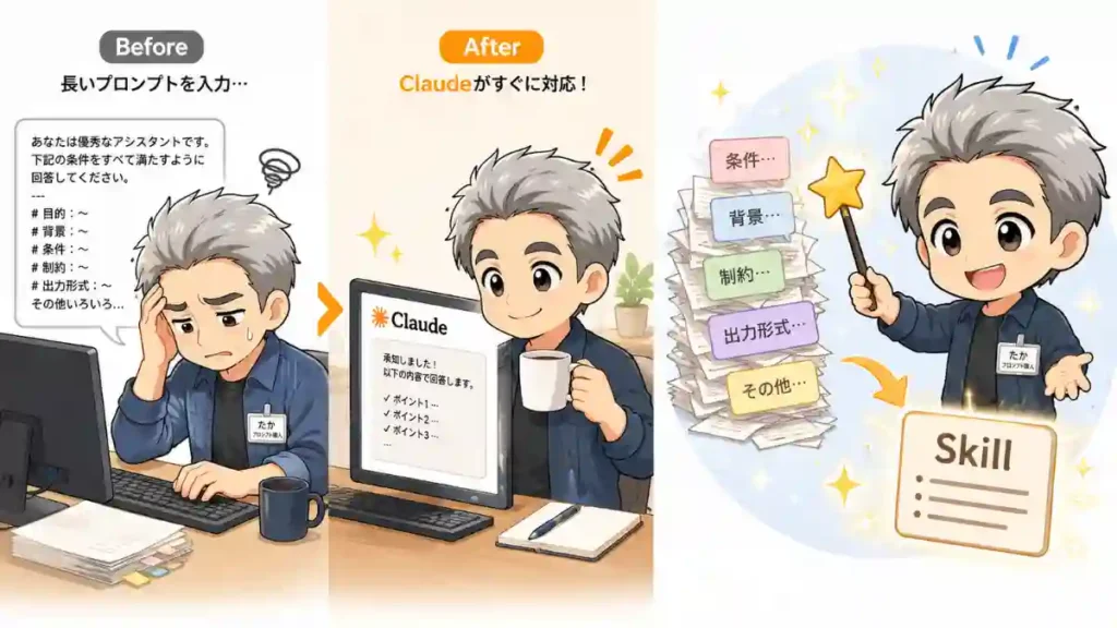 長いプロンプト入力に疲れる男性と、Claudeで効率化して余裕が生まれた姿を比較したビフォーアフター風イラストと、Skillカードを作るちびキャラの2Dアニメ風イラスト
