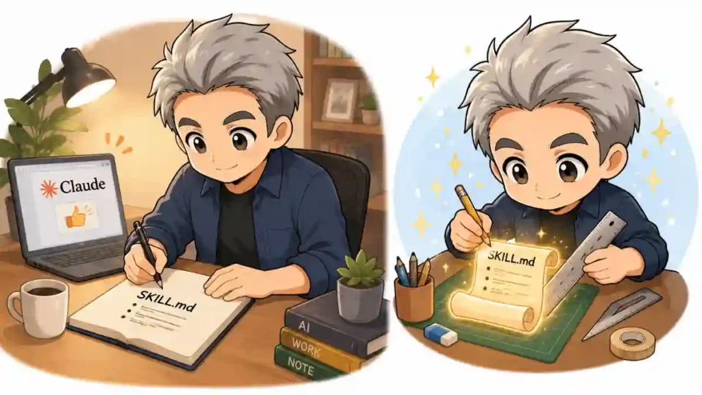 ノートに「SKILL.md」を書きながらClaudeと作業する男性と、光るスクロールを道具で作るちびキャラを描いた、温かみのある2Dアニメ風イラスト