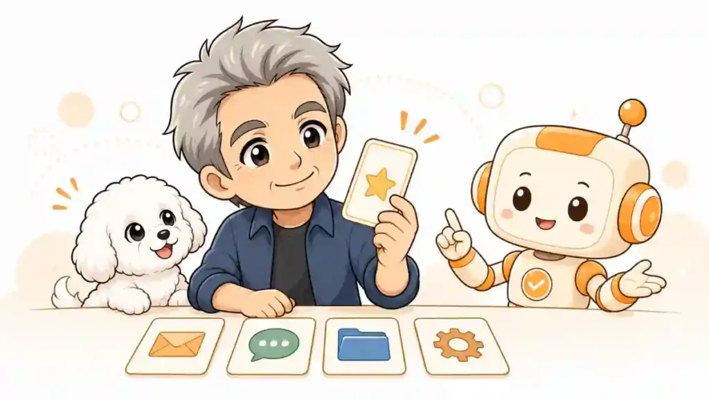 たかが複数の仕事カードの中から1枚を選び、めるとオレンジ色のAIロボットが見守る、まず1つだけ試してみようを表したイラスト。