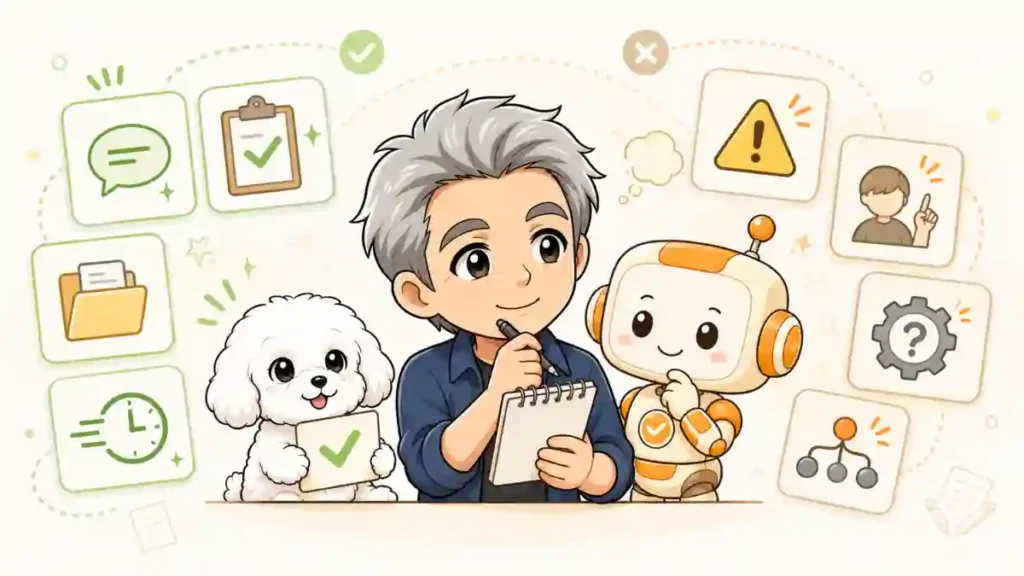 たかがメモを取りながら、愛犬めるとオレンジ色のAIロボットと一緒に、使って良かった点と注意点を見比べている正直レビューのイラスト。