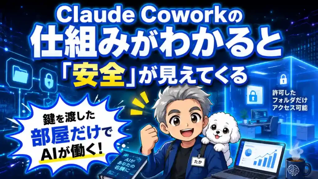 Claude Coworkの仕組みと安全性を解説するアイキャッチ画像。サンドボックスやフォルダ制限を、たかと白い犬のキャラクターでわかりやすく表現したAI系サムネイル。