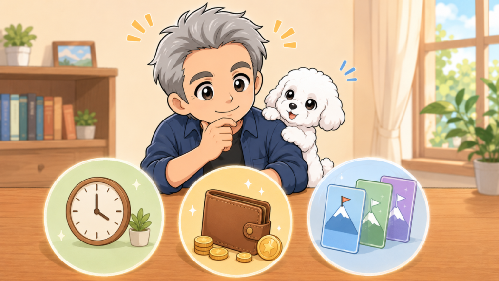 たかとめるが時計・カレンダー・巻物の3つのカードで、Coworkの制限の違いを確認しているイラスト