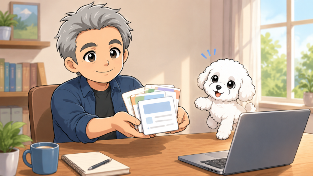 たかが必要な資料を選び、5枚の整理カードを並べる横で、めるが応援している明るい作業イラスト