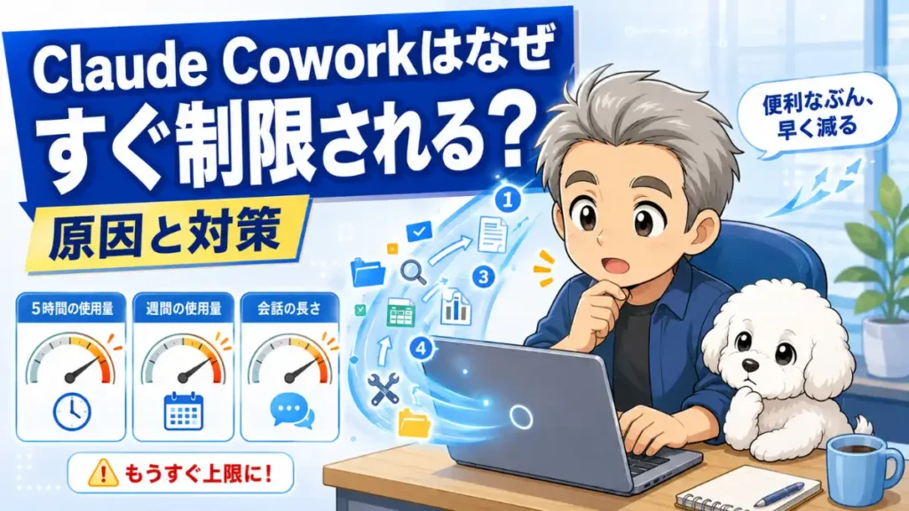 Claude Coworkがすぐ制限される理由と対策を解説するアイキャッチ。使用量メーター3種、ノートPC前で考えるたかと白い犬、便利なぶん早く減るの吹き出し付き。