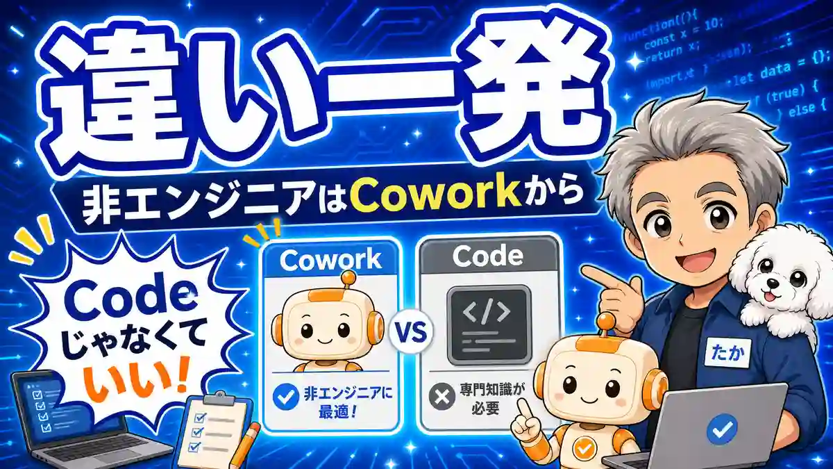 Claude CoworkとClaude Codeの違いで迷う非エンジニア向けに、まずCoworkから始める選び方を示すアイキャッチ画像