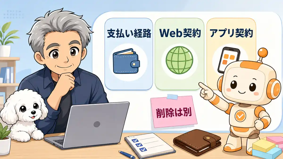 Claude Coworkの契約元ごとに解約場所が変わることを説明するたかとコワークン