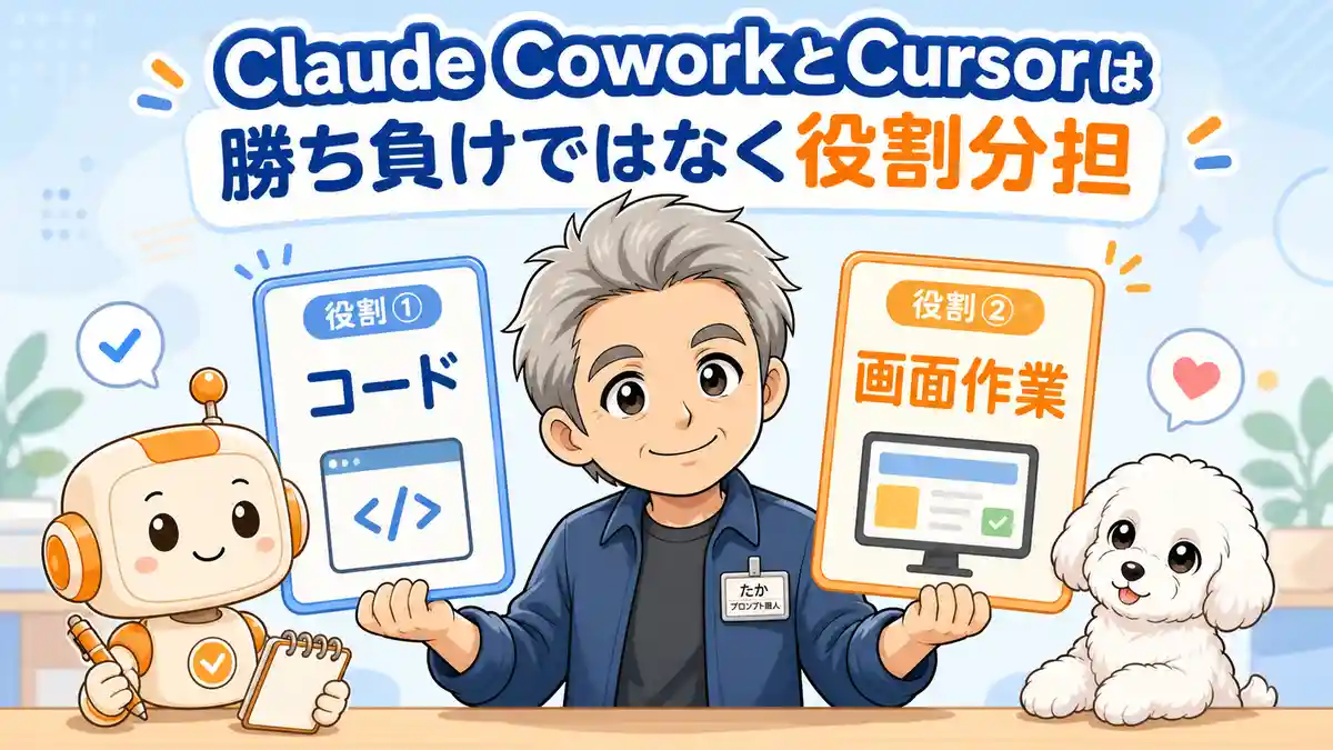 Claude CoworkとCursorをコード作業と画面作業で役割分担して考えるたかとコワークン