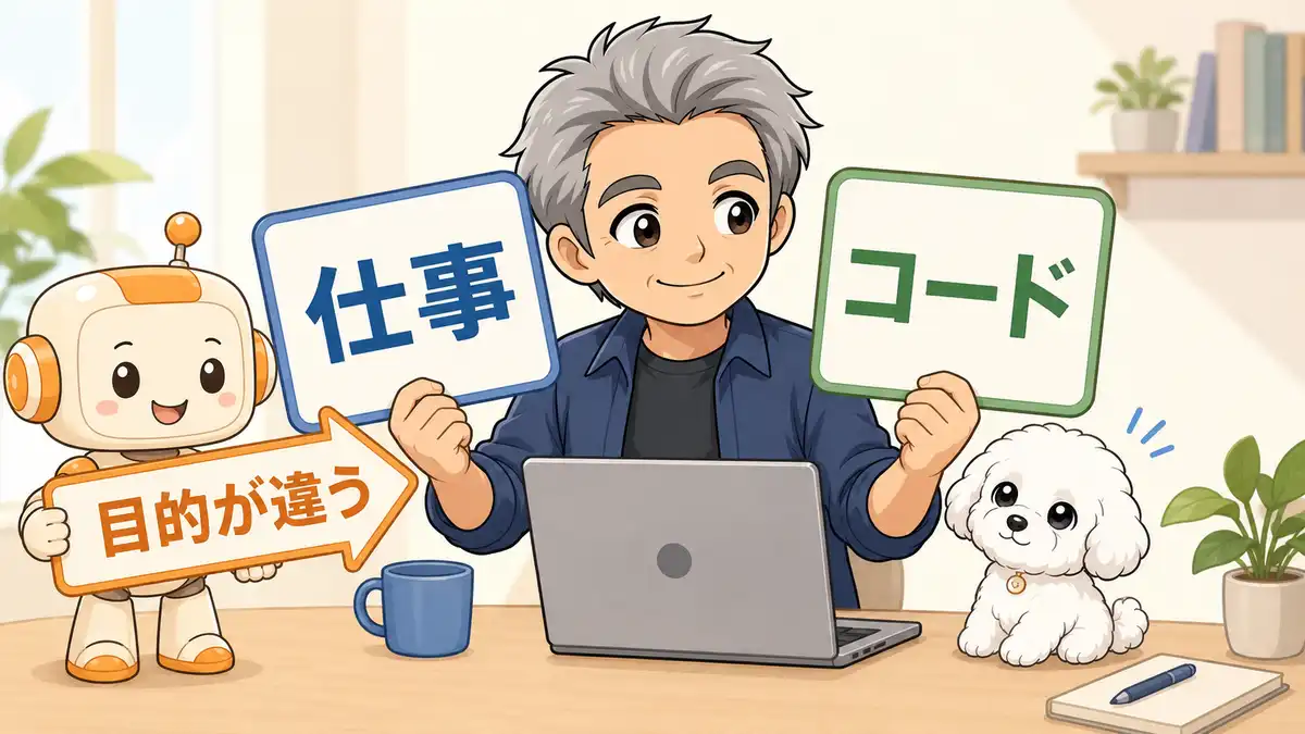 Claude CoworkとClaude Codeの違いを、仕事とコードという目的の違いで示す画像
