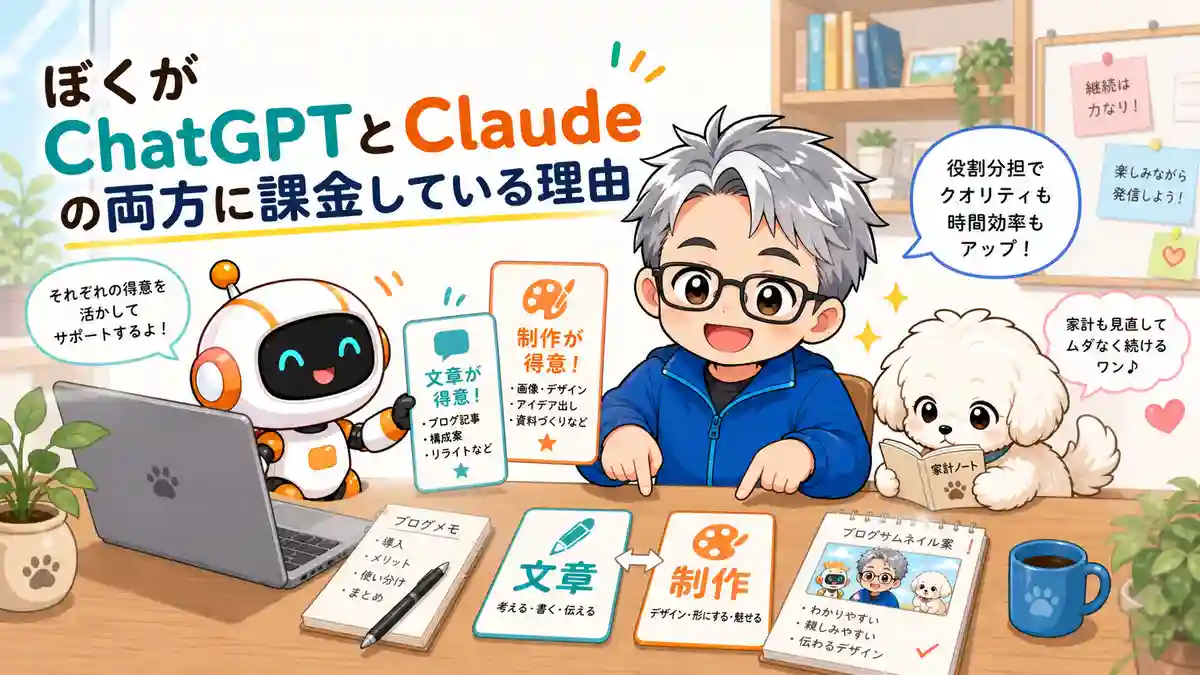 ぼくがChatGPTとClaudeの両方に課金している理由を役割分担で示したイラスト