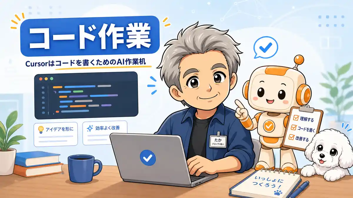 Cursorをコードを書くAI作業机として示すたかとコワークン