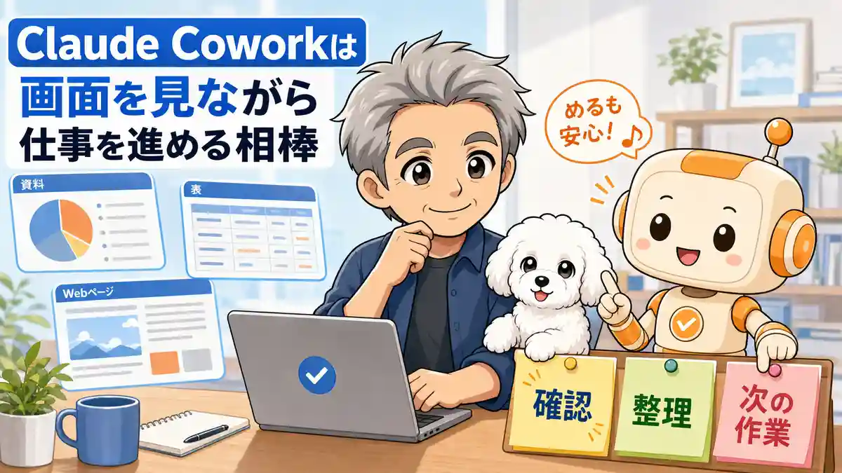 Claude Coworkを画面を見ながら仕事を進める相棒として説明するたかとコワークン