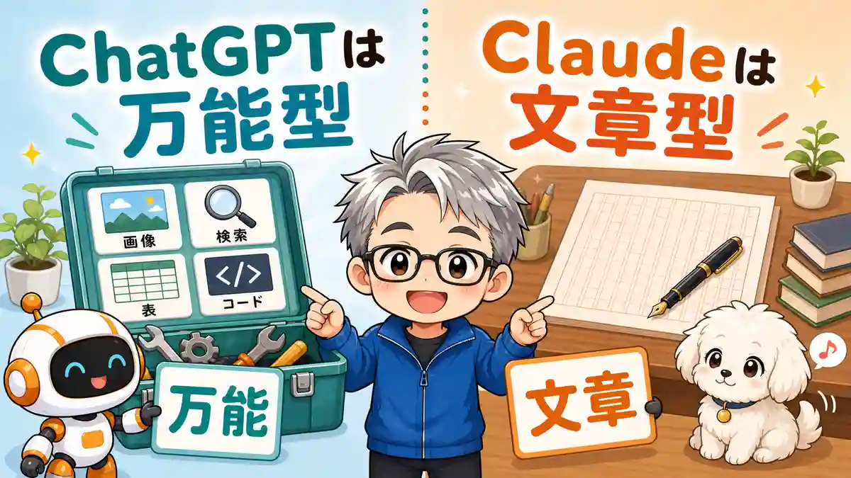 ChatGPTは万能型、Claudeは文章型という課金後の違いを比較したイラスト
