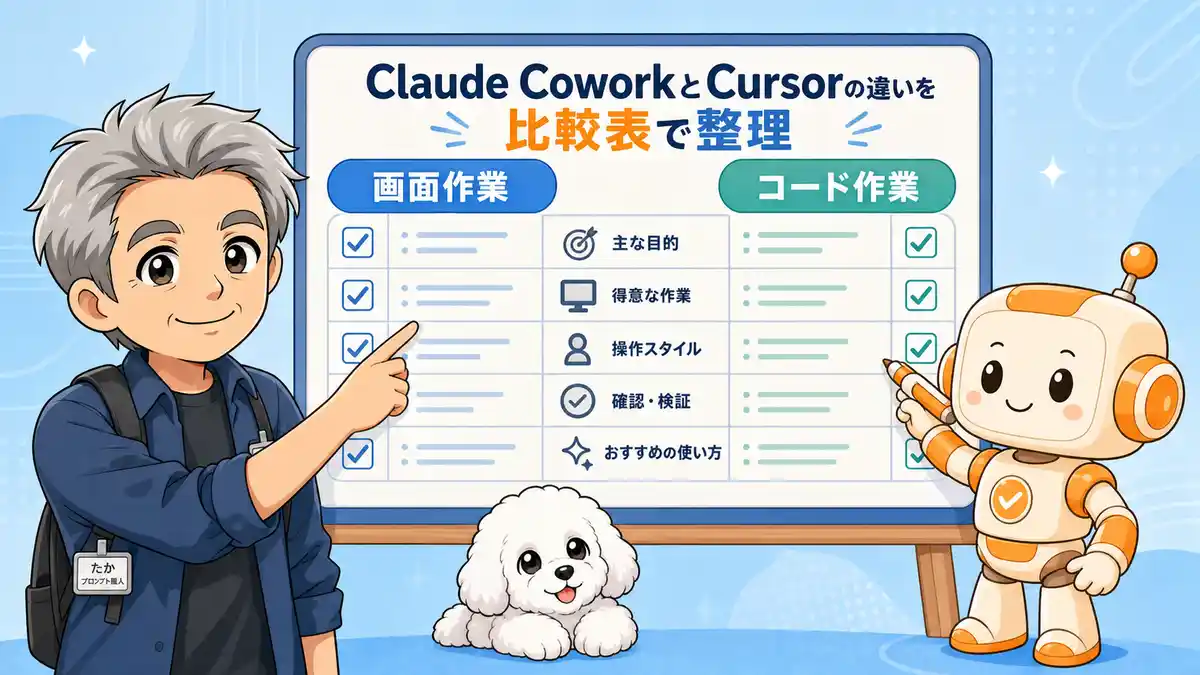 Claude CoworkとCursorの違いを比較ボードで整理するたかとコワークン