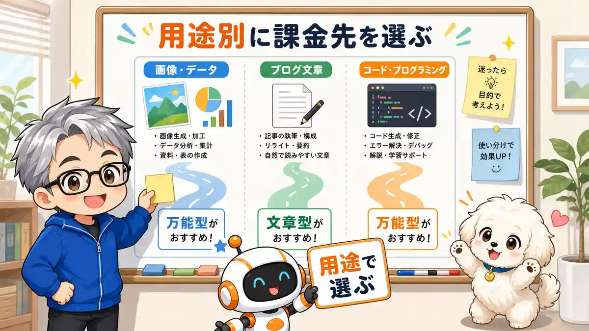 調べ物や画像生成、ブログ文章など用途別に課金先を選ぶ場面