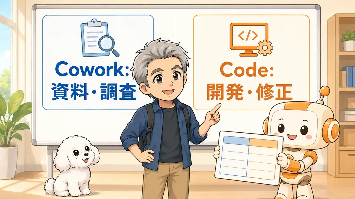 Claude Coworkは資料や調査、Claude Codeは開発や修正向けと比較する画像