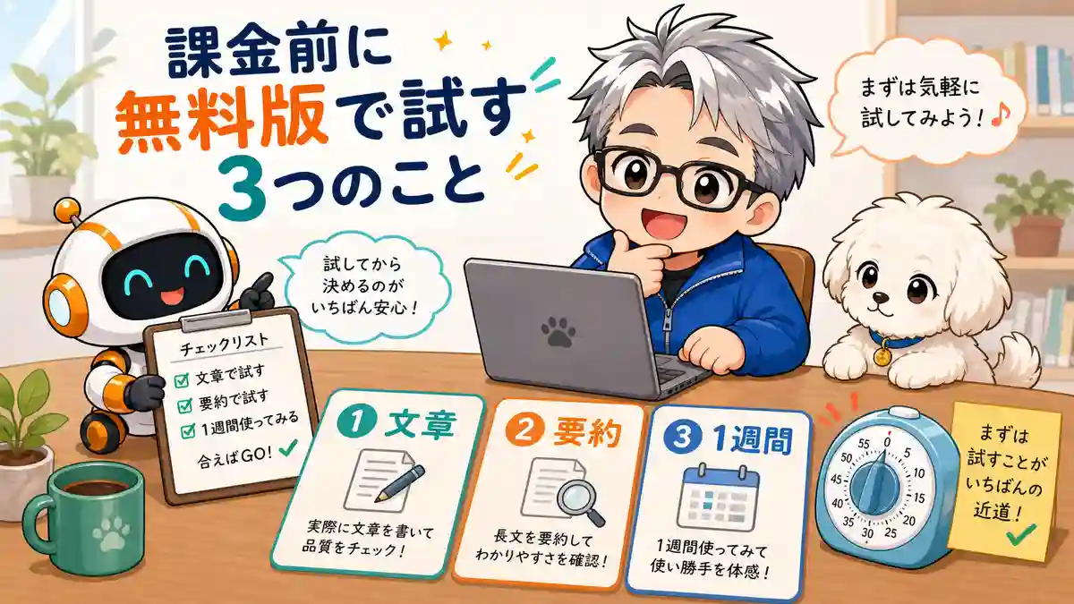 課金前に無料版で文章修正、要約、1週間利用を試すチェックリスト