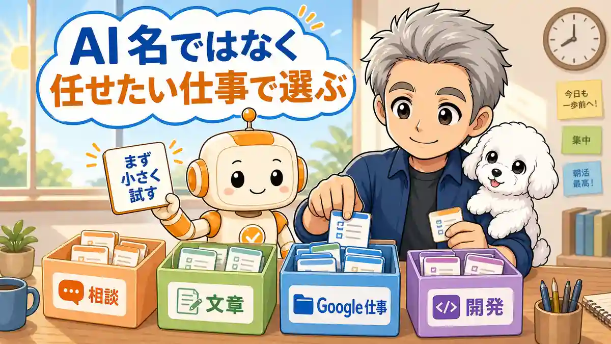 任せたい仕事ごとにAIを選ぶ考え方を朝のデスクで整理するたかとコワークン