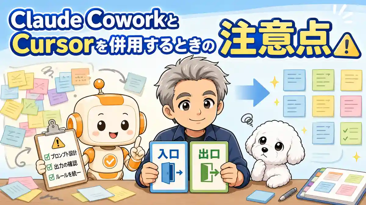 Claude CoworkとCursorを併用するときに入口と出口を決める注意点を示すたかとコワークン