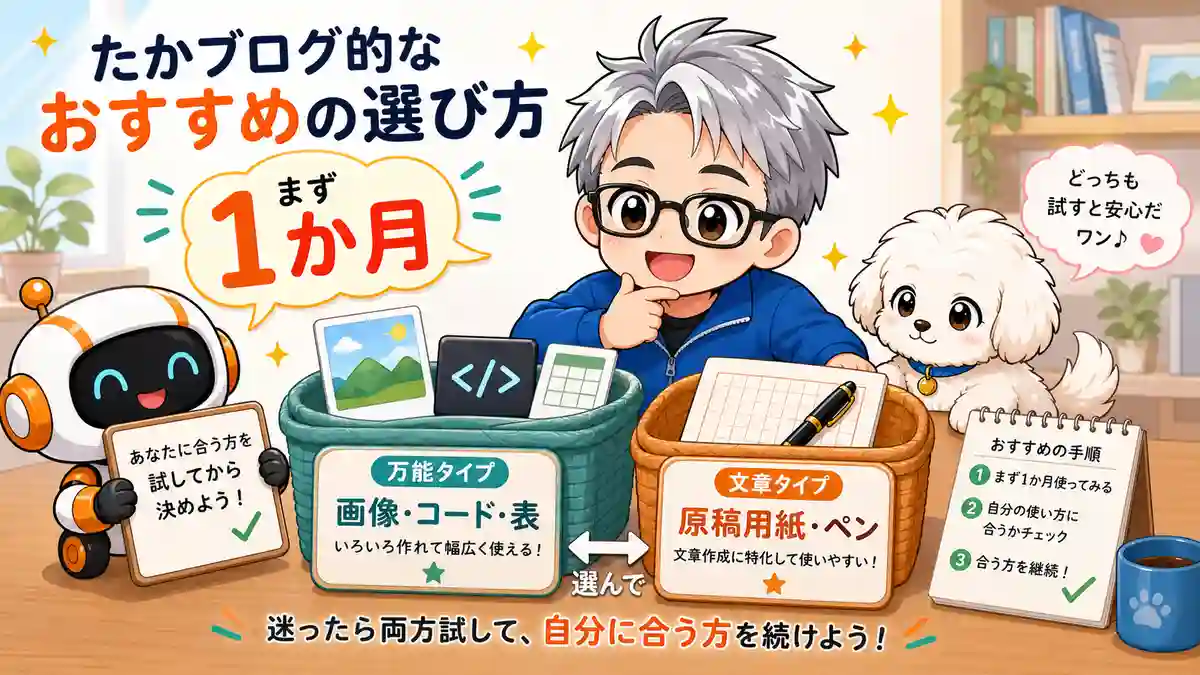 たかブログ目線でChatGPTとClaudeの課金先を1か月単位で選ぶイラスト