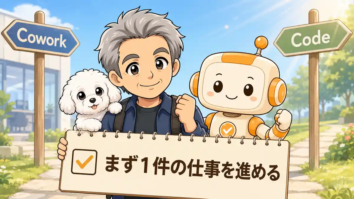 背伸びせず、まず1件の仕事を進める方を選ぶ考え方を示す画像