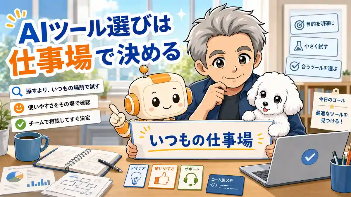 AIツール選びをいつもの仕事場で決める考え方を示すたかとめるとコワークン