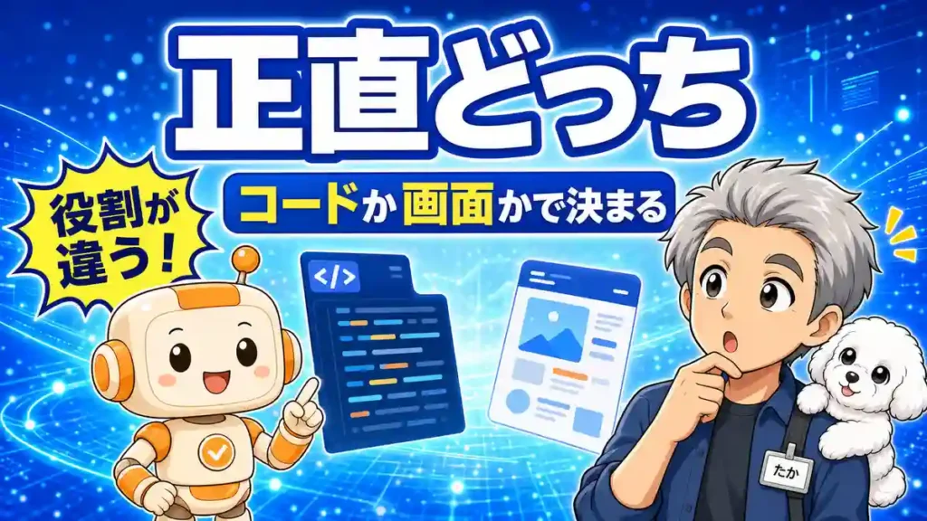 Claude CoworkとCursorの違いをコードか画面かで判断するアイキャッチ画像