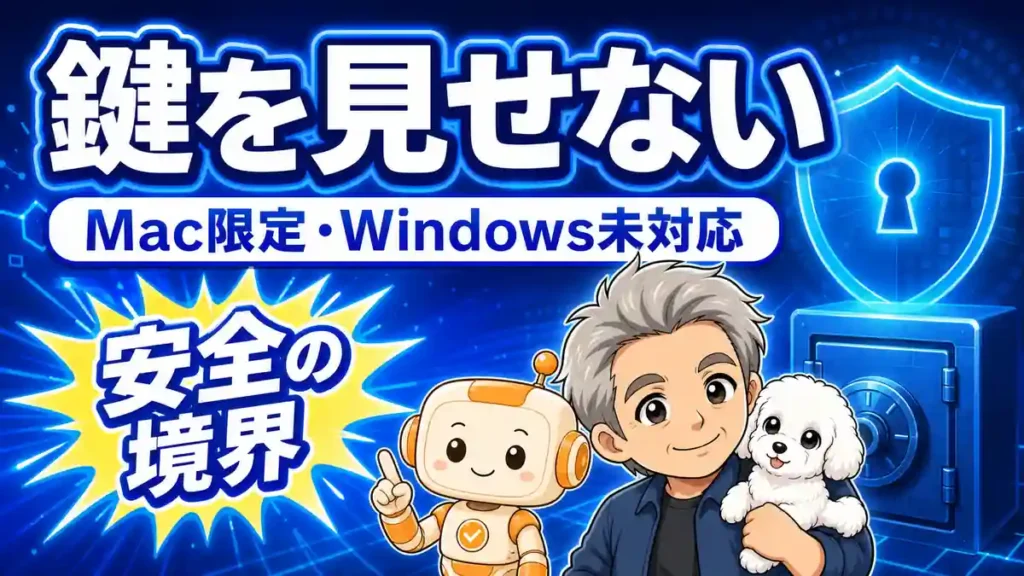 Claude Coworkと1Password連携はMac限定で、認証情報を見せずに使う条件を示すアイキャッチ画像
