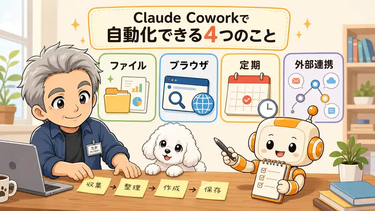 Claude Coworkで自動化できるファイル操作やブラウザ作業を整理するたかとコワークン