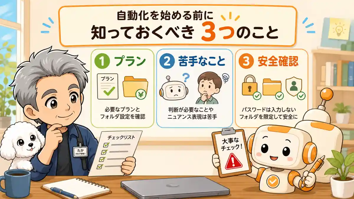 自動化を始める前にプランや安全確認をチェックするたかとコワークン