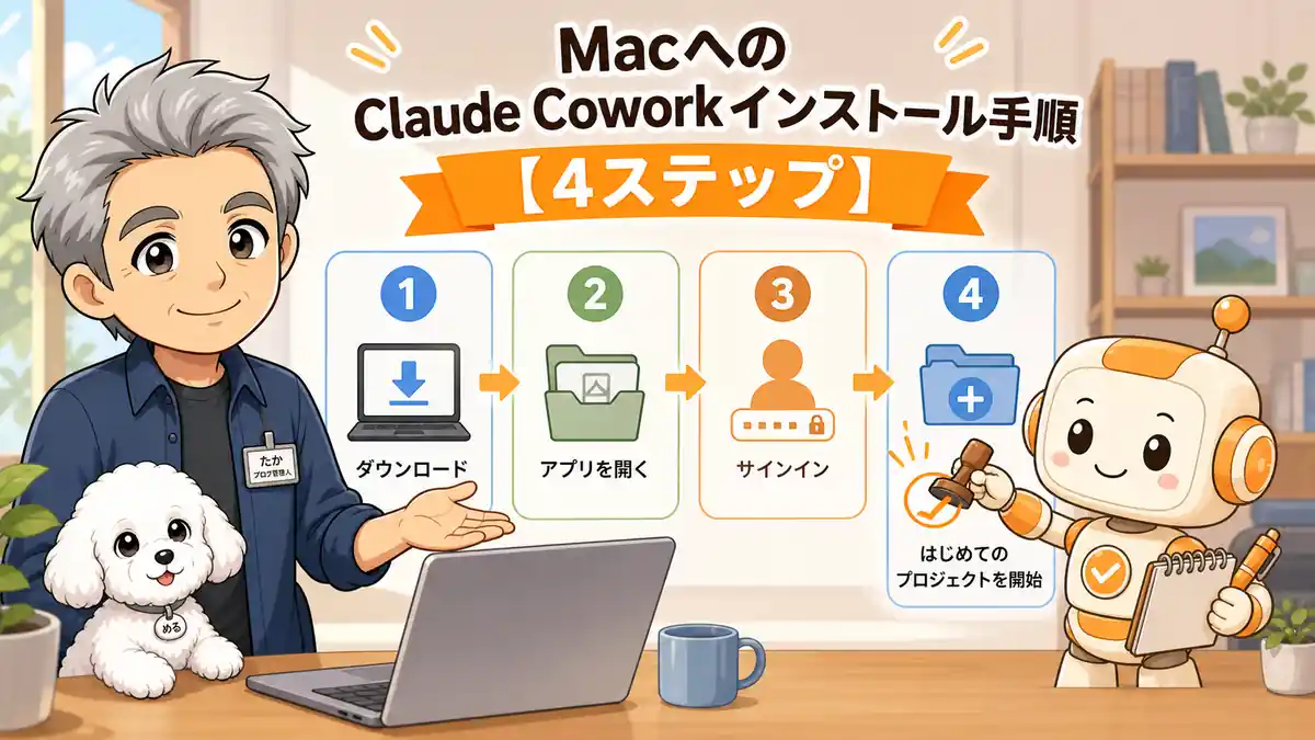 MacにClaude Coworkをインストールする4ステップを案内するたかとコワークン