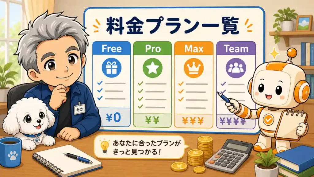 Claude Coworkの料金プラン一覧をたかとコワークンが比較している