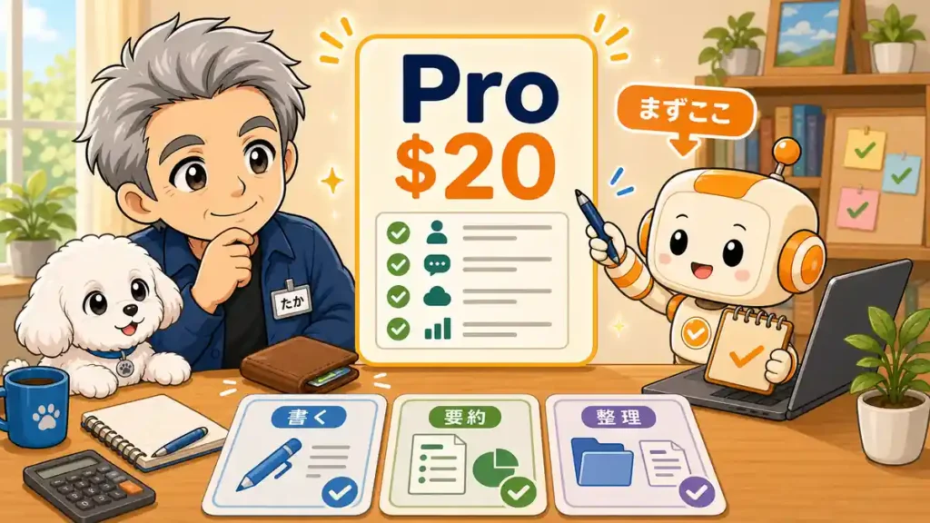 Claude CoworkのProプラン月額20ドルでできることをたかとコワークンが確認している