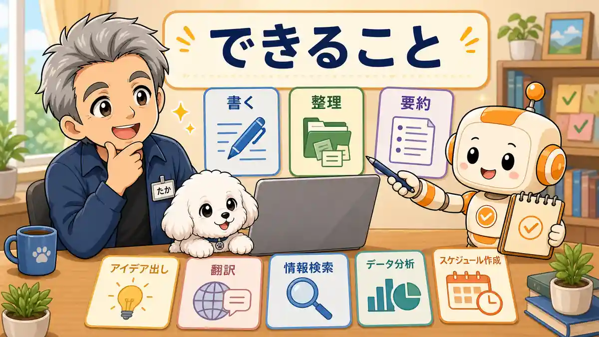 Claude Coworkでできる文章作成や整理や要約をたかとコワークンが示している